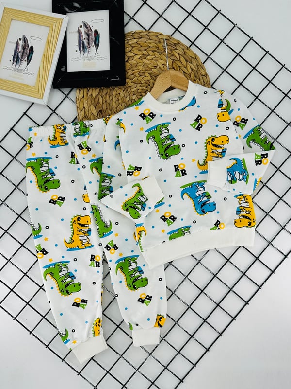 1000-12 Roar Dinozor Yazılı Erkek Çocuk Penye Pijama Takımı-KREM