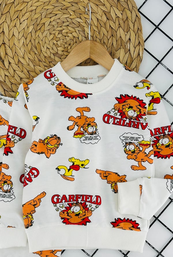 1000-16 Garfield  Baskılı Erkek Çocuk Penye Pijama Takımı-KREM