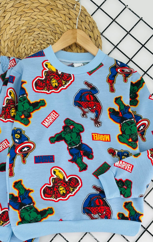 1000-20 Hulk  Baskılı Erkek Çocuk Penye Pijama Takımı-MAVİ