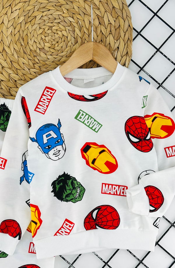 1000-21 Marvel Yazılı Karakter Baskılı Erkek Çocuk Penye Pijama Takımı-KREM