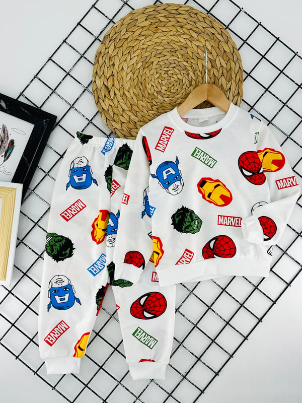 1000-21 Marvel Yazılı Karakter Baskılı Erkek Çocuk Penye Pijama Takımı-KREM