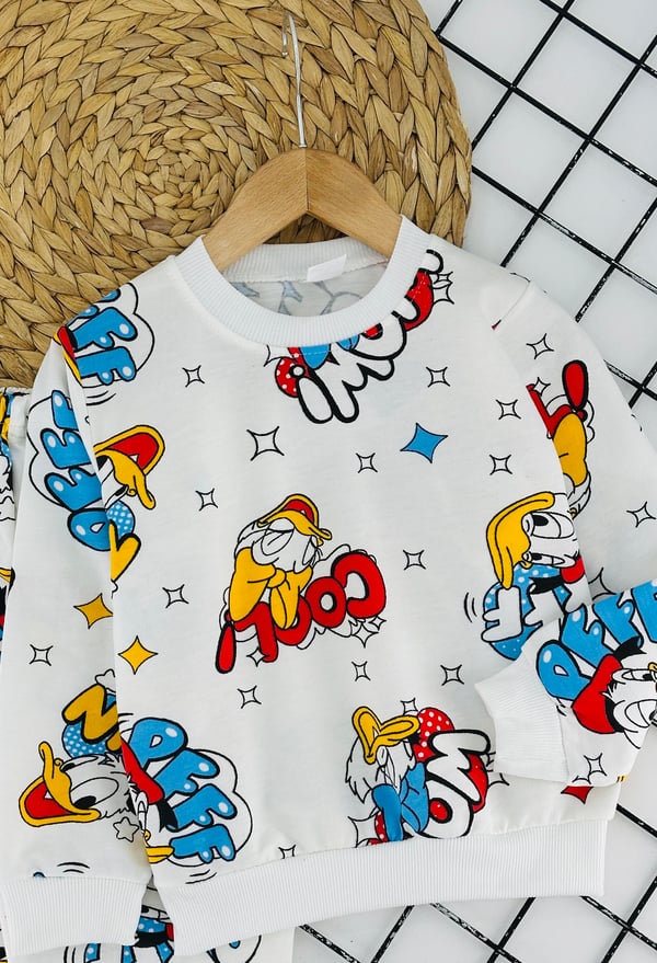 1000-23 Dffy Dck Baskılı Erkek Çocuk Penye Pijama Takımı-KREM