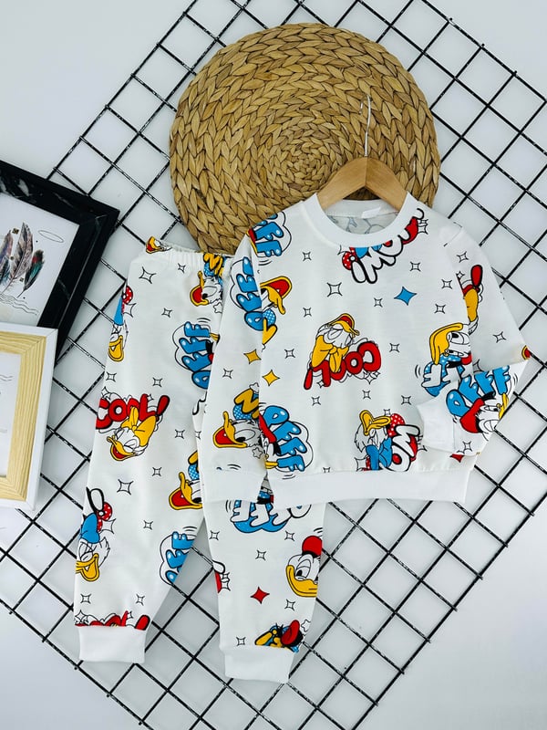 1000-23 Dffy Dck Baskılı Erkek Çocuk Penye Pijama Takımı-KREM