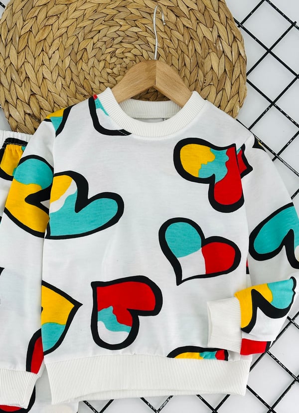 1000-25 Kalp Baskılı Kız Çocuk Penye Pijama Takımı-KREM