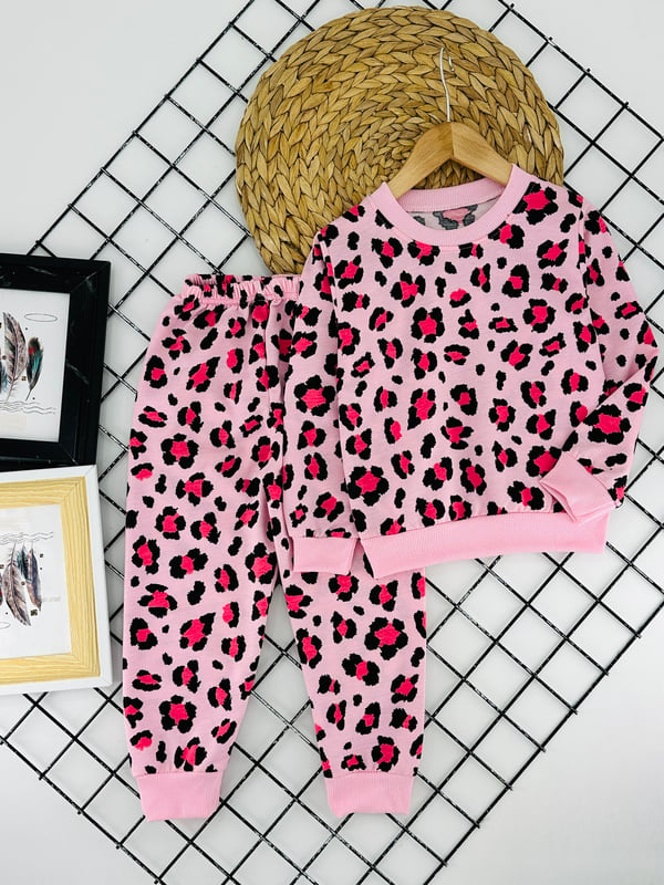 1000-26 Leopar Desenli Kız Çocuk Penye Pijama Takımı-PEMBE