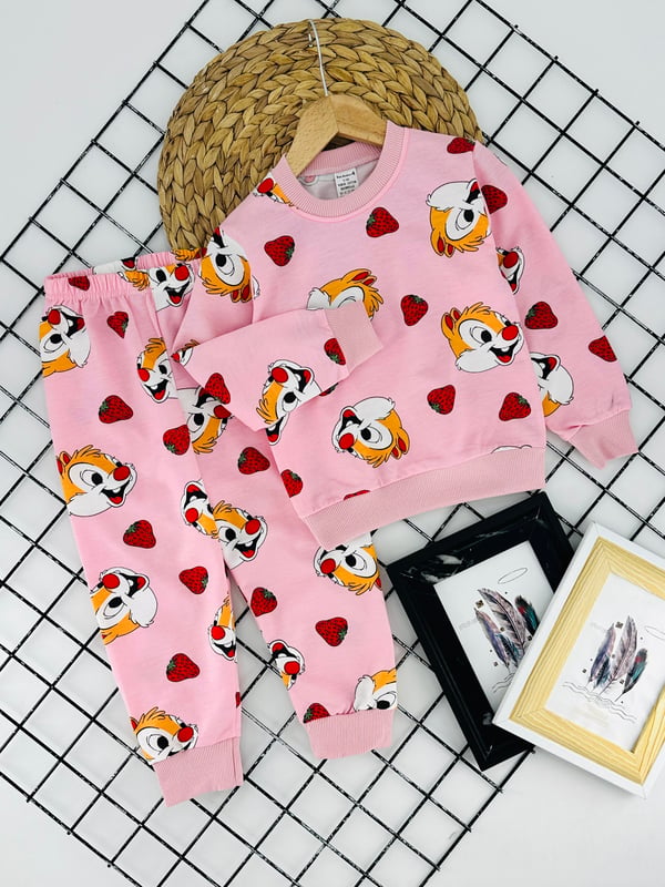 1000-34 Çilek Dsny Baskılı Kız Çocuk Penye Pijama Takımı-PEMBE