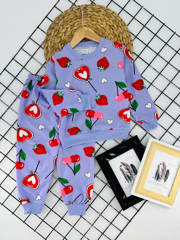 1000-37 Kalp Kiraz Baskılı Kız Çocuk Penye Pijama Takımı-LİLA