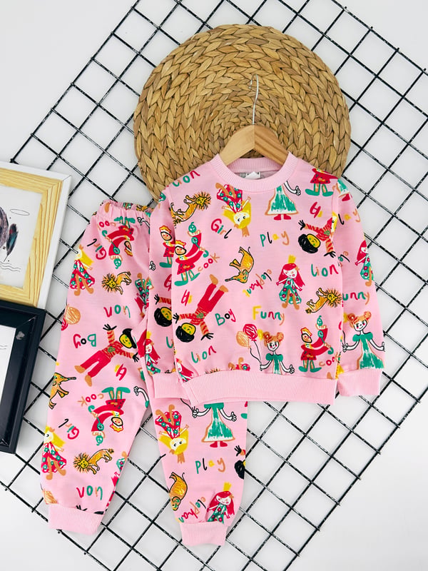 1000-40 Lıon Balon Naskılı Kız Çocuk Penye Pijama Takım-PEMBE
