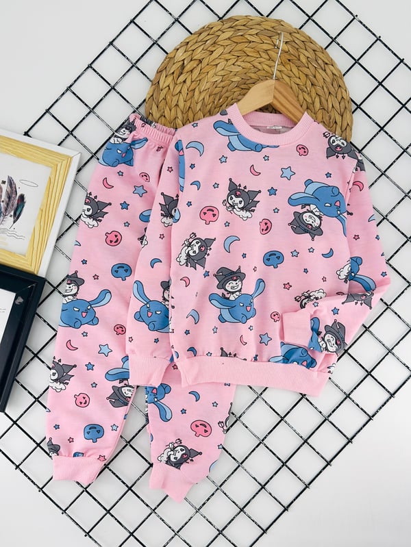 1000-41 Krm Yıldız Baskılı Kız Çocuk Penye Pijama Takım-PEMBE