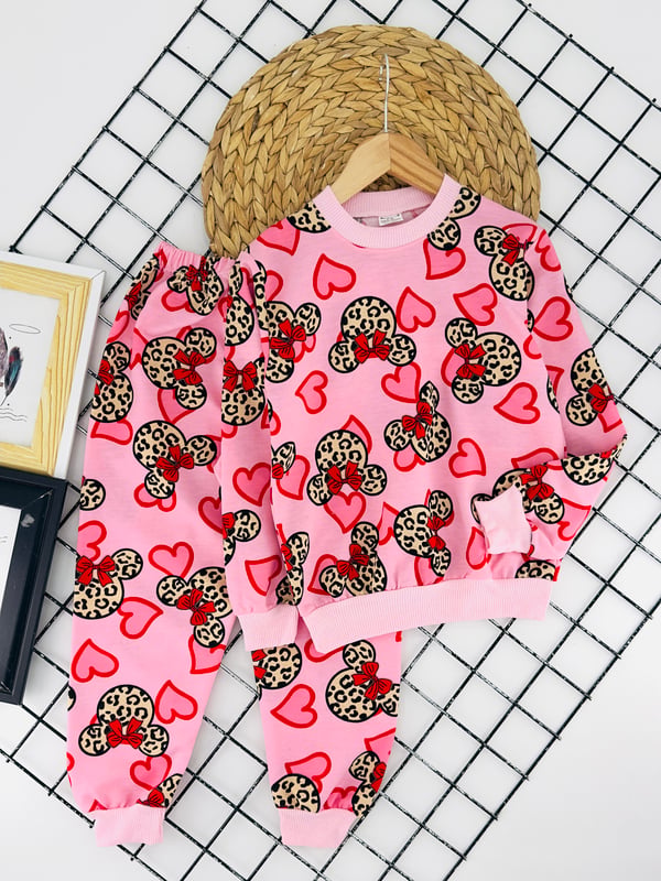 1000-43 Kurdale Baskılı Kız Çocuk Penye Pijama Takım-PEMBE