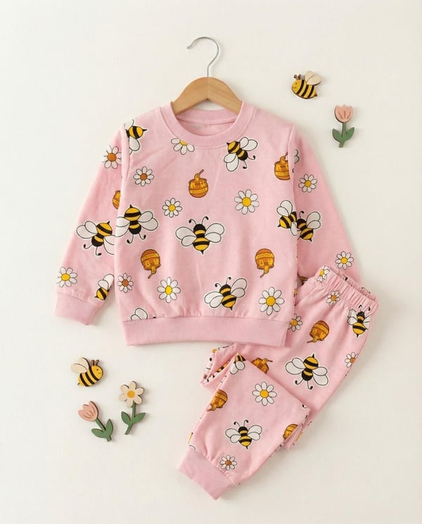 1000-49 Arı Bal Baskılı Kız Çocuk Pijama Takımı-PEMBE