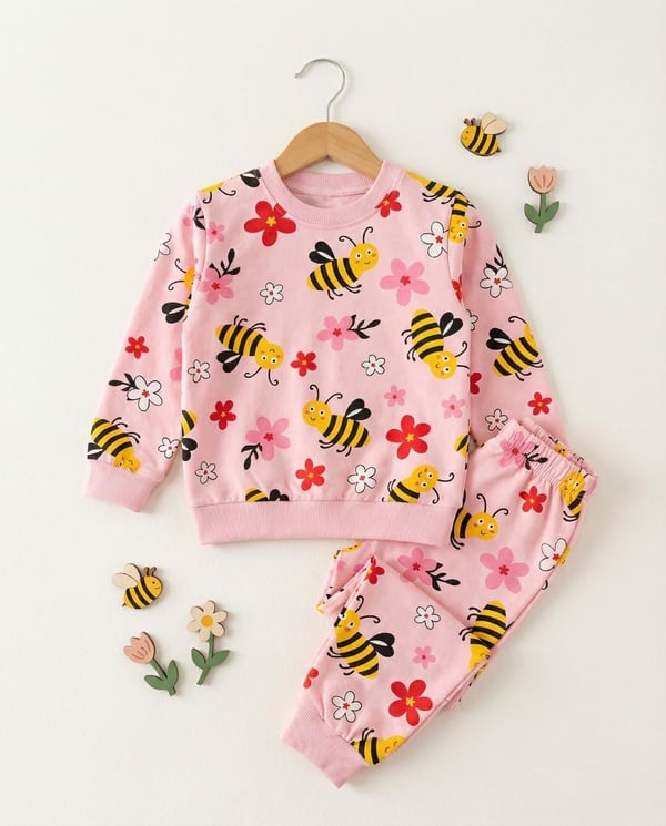 1000-50 Arı Çiçek Baskılı Kız Çocuk Pijama Takımı-PEMBE