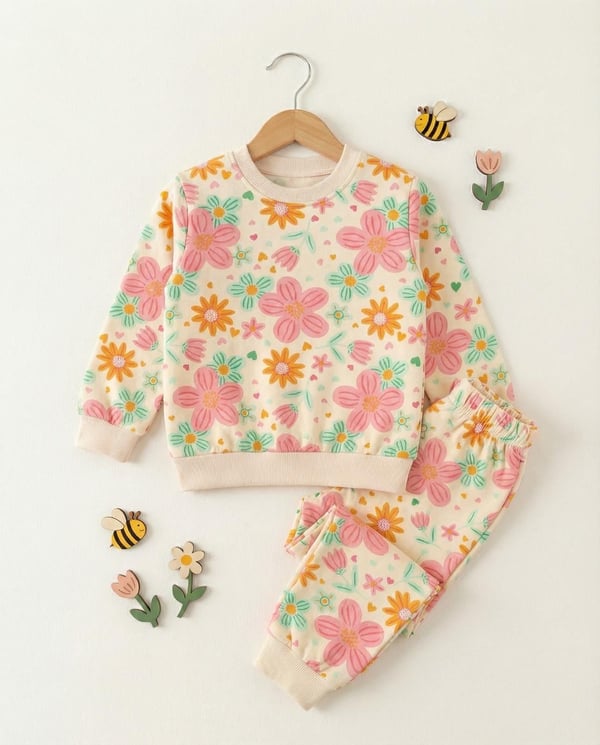 1000-51 Çoklu Çiçek Baskılı Kız Çocuk Pijama Takımı-KREM