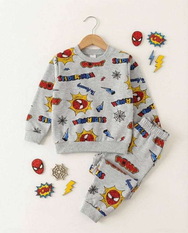 1000-55 Spdm Ağ Baskılı Erkek Çocuk Pijama Takımı-GRİ