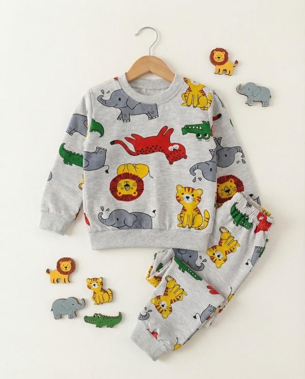 1000-57 Sevimli Hayvanlar Baskılı Erkek Çocuk Pijama Takımı-GRİ