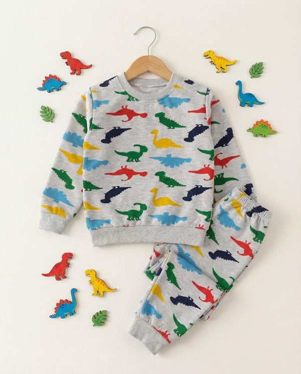 1000-63 Çoklu Dinazor Baskılı Erkek Çocuk Pijama Takımı-GRİ