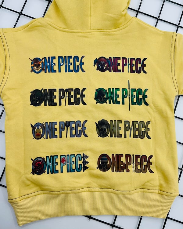 10076 One Piece Baskılı Erkek Çocuk kapşonlu Şardonsuz Üç İplik Sweat-SARI