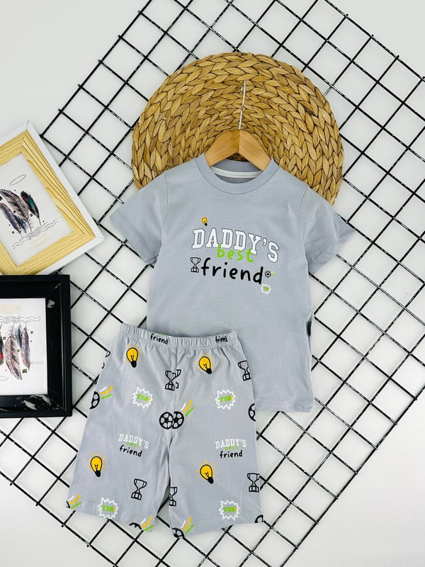 1020-3 Daddy's Best Baskılı Erkek Şortlu Takım-GRİ