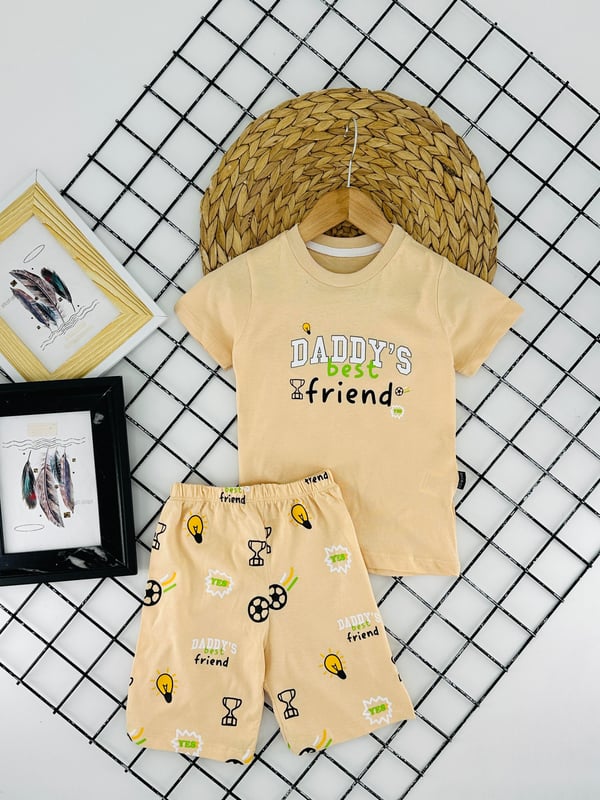 1020-3 Daddy's Best Baskılı Erkek Şortlu Takım-BEJ