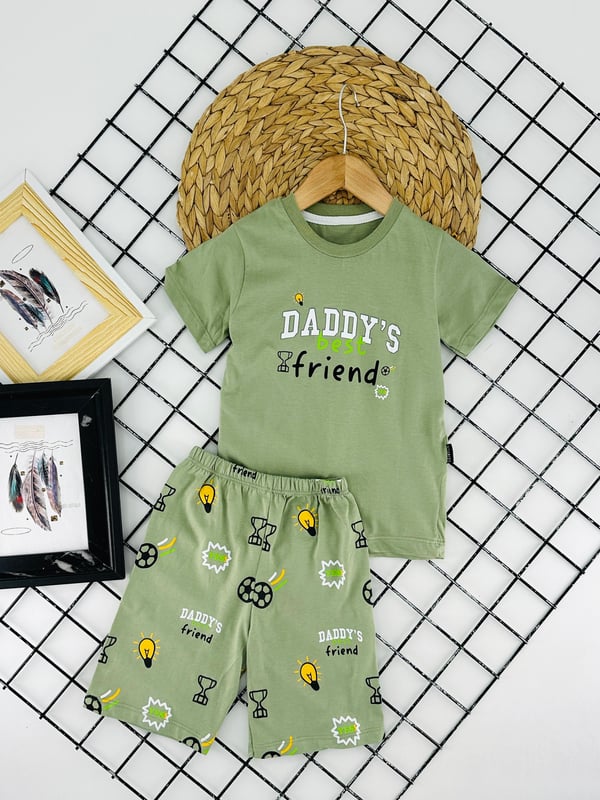 1020-3 Daddy's Best Baskılı Erkek Şortlu Takım-YEŞİL