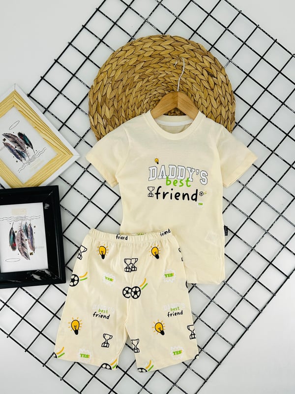 1020-3 Daddy's Best Baskılı Erkek Şortlu Takım-KREM