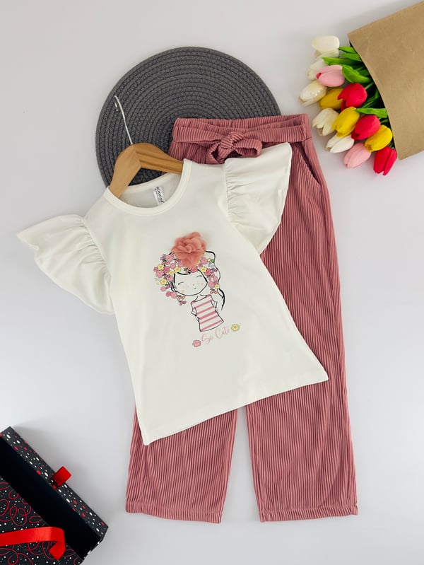 1031-2 So Cute Yazılı Kız Çocuk Çiçek Baskılı Takım-GÜL KURUSU