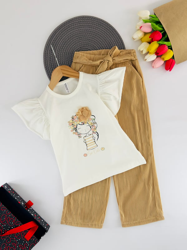 1031-2 So Cute Yazılı Kız Çocuk Çiçek Baskılı Takım-BEJ