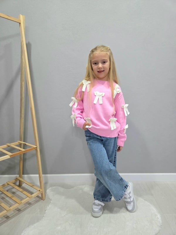 1033 Kurdale Detaylı Kot Pantolonlu Kız Çocuk Triko Takım-PEMBE