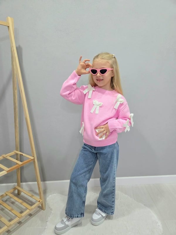 1033 Kurdale Detaylı Kot Pantolonlu Kız Çocuk Triko Takım-PEMBE
