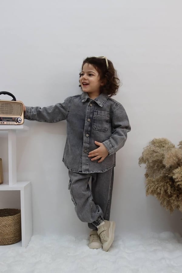 1049 Önü İki Cepli Komando Pantolonlu Erkek Çocuk Kot Takım-GRİ