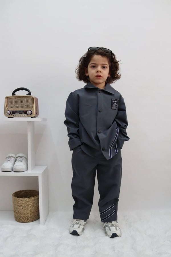 1051 Yanları Şeritli Erkek Çocuk Micro Kumaş Takım-FÜME