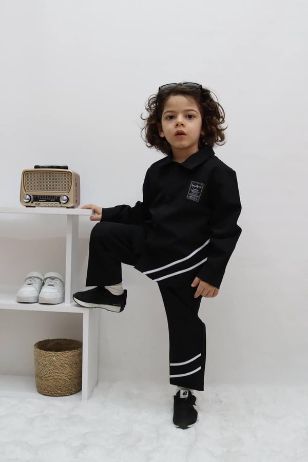 1051 Yanları Şeritli Erkek Çocuk Micro Kumaş Takım-SİYAH