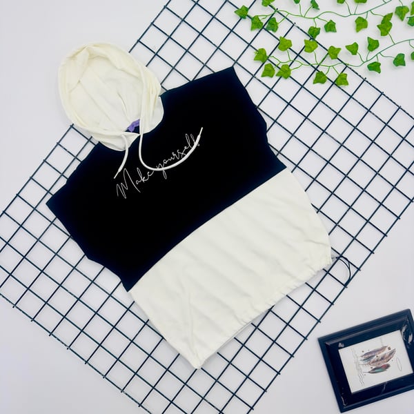 1055 Make Yourself Baskılı Kapşonlu Oversize Kız Çocuk Tişört-SİYAH