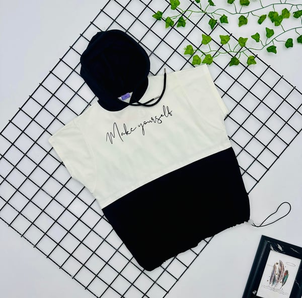 1055 Make Yourself Baskılı Kapşonlu Oversize Kız Çocuk Tişört-KREM