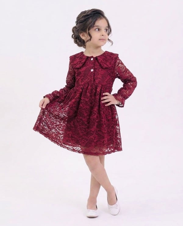 1100-15 Bebe Yaka Düğmeli Dantelli Kız Çocuk Elbise-BORDO