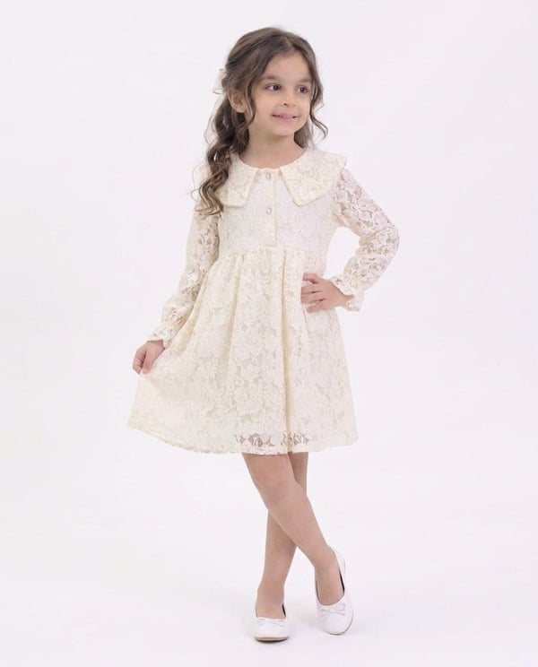 1100-15 Bebe Yaka Düğmeli Dantelli Kız Çocuk Elbise-KREM