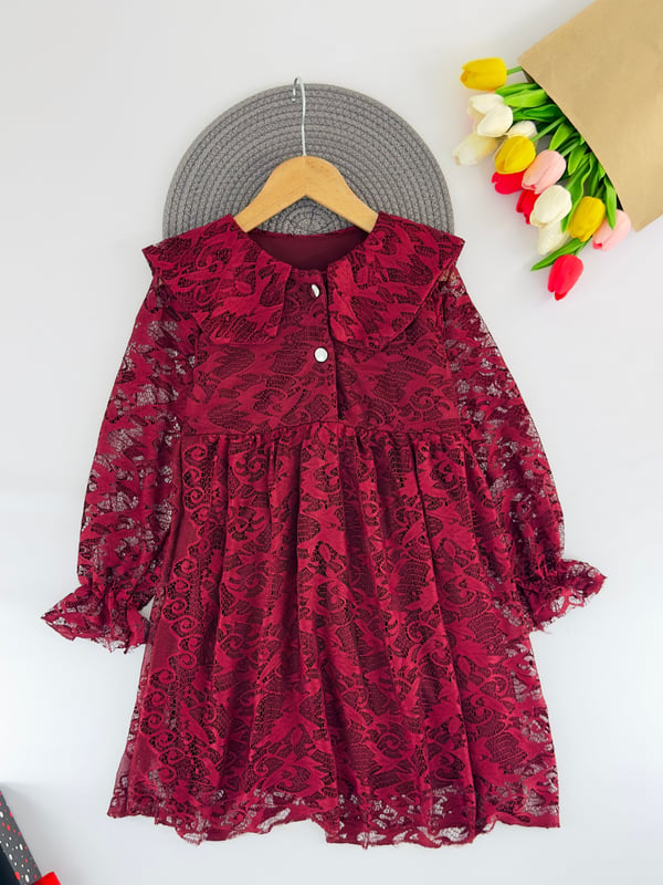 1100-15 Bebe Yaka Düğmeli Dantelli Kız Çocuk Elbise-BORDO