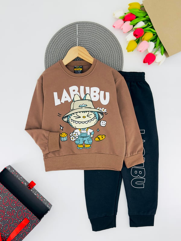1130-4 Lbb Yazılı Erkek Çocuk Penye Takım-KOYU KAHVE