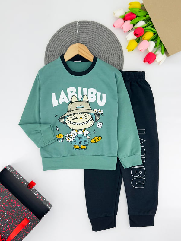 1130-4 Lbb Yazılı Erkek Çocuk Penye Takım-YEŞİL