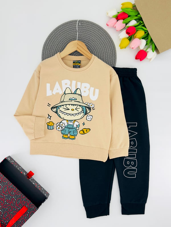 1130-4 Lbb Yazılı Erkek Çocuk Penye Takım-BEJ