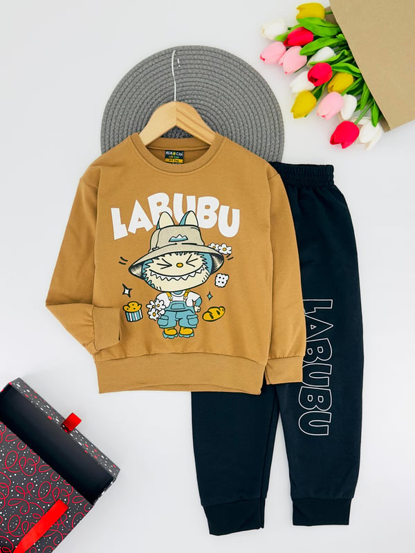 1130-4 Lbb Yazılı Erkek Çocuk Penye Takım-AÇIK KAHVE
