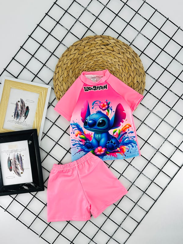 11500-12 Stck Baskılı Kız Çocuk Şortlu Mayo Takım-PEMBE
