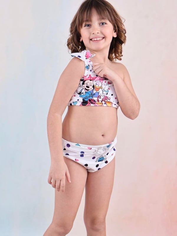 12000-2 Mk Kalp Baskılı Kız Çocuk Tokalı Bikini Mayo-BEYAZ