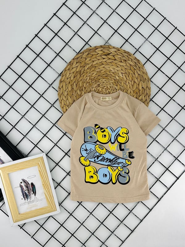 1204 Boys Wıll Baskılı Yazılı Erkek Tişört-BEJ