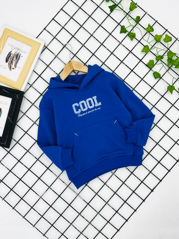 12206 Cool Yazılı Baskılı Erkek Çocuk Üç İplik Kapşonlu Sweat-SAKS MAVİ