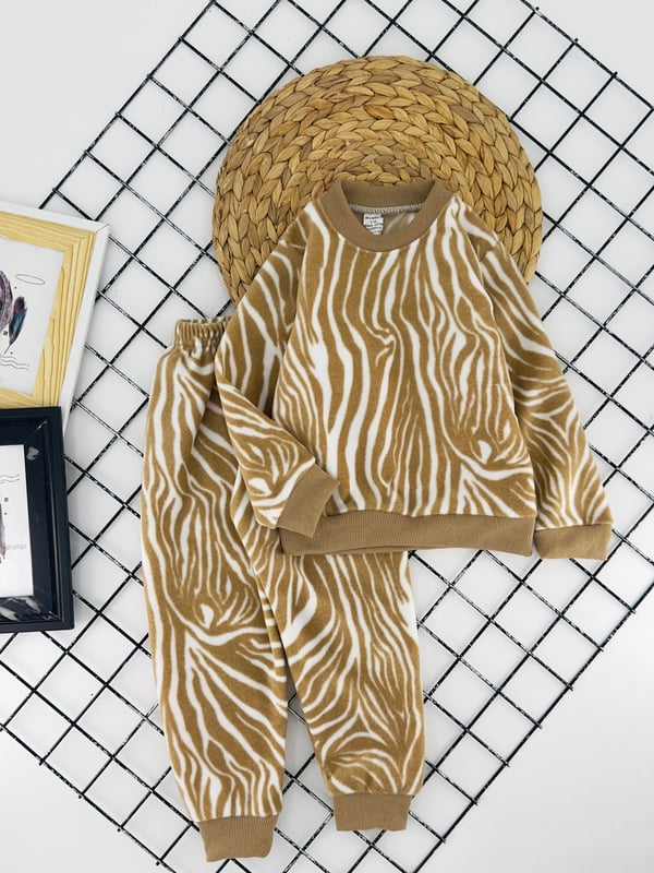 129 Zebra Desenli Kız Çocuk Fırçalı Polar Takım-BEJ