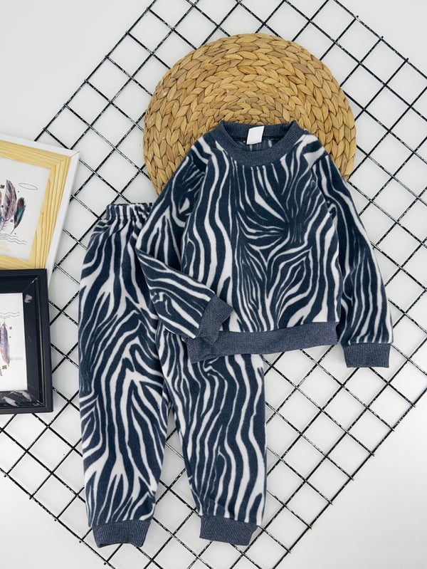 129 Zebra Desenli Kız Çocuk Fırçalı Polar Takım-LACİVERT
