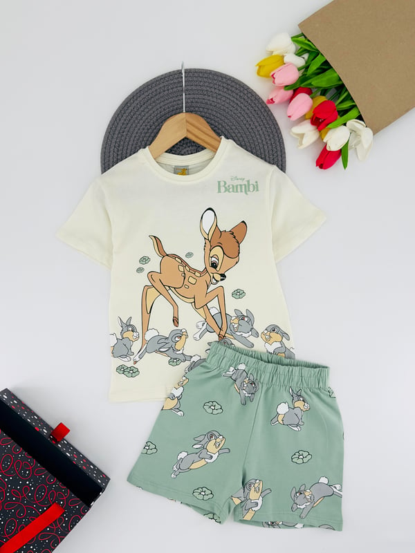 1305-11 Bambi Yazılı Baskılı Kız Çocuk Şortlu Takım-KREM