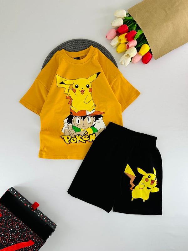 1305-16 Pkmn Baskılı Erkek Çocuk Şortlu Takım-HARDAL