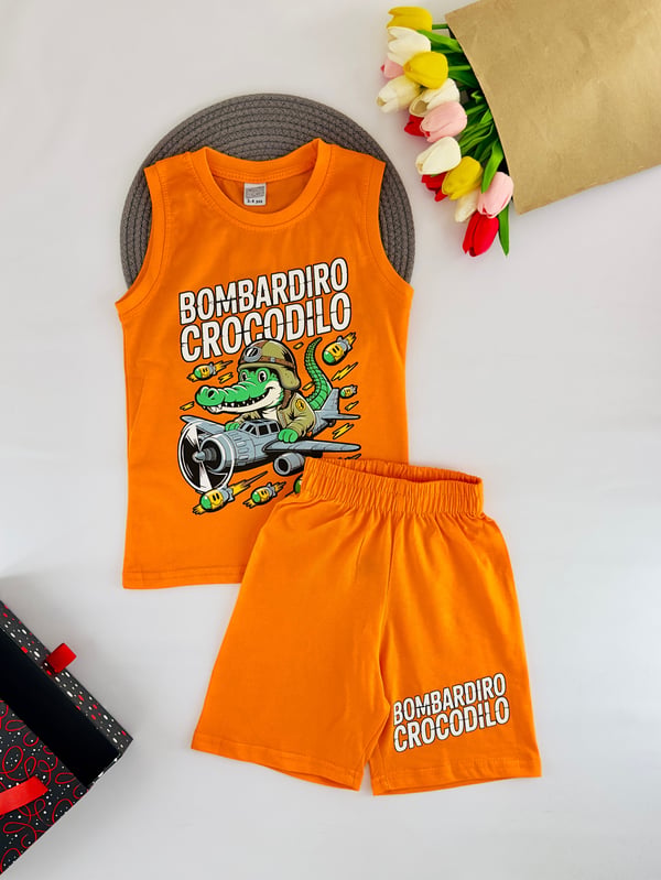 1305-22 Bombar Dro Yazılı Baskılı Erkek Çocuk Şortlu Takım-TURUNCU